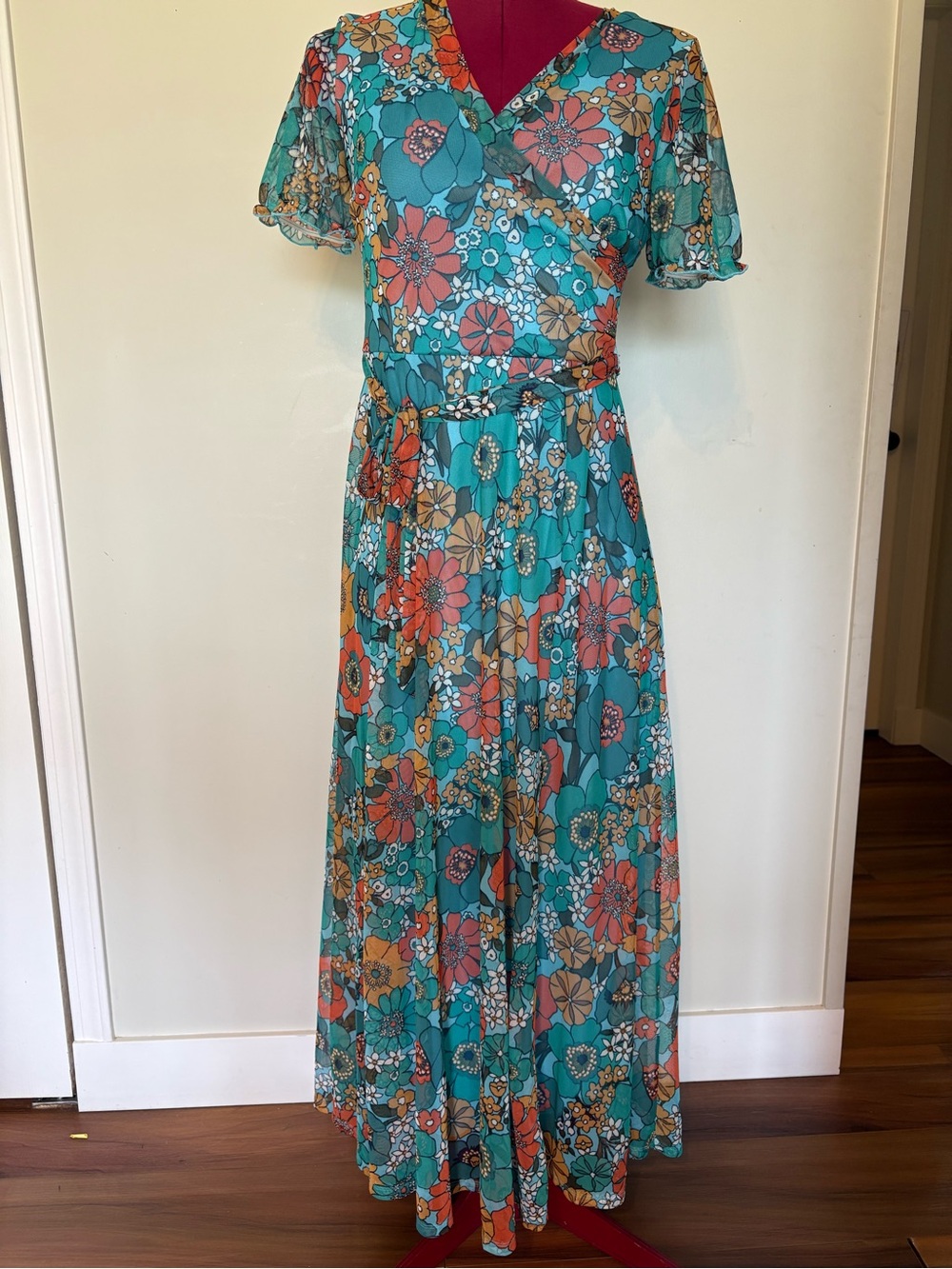 Kate and Lily Teal Floral Wrap Maxi Dress with Tie Waist